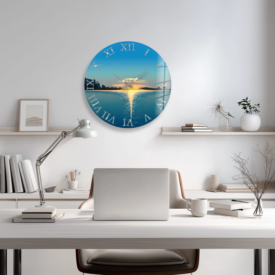 Minimalist Ocean Sunset Glass Wall Clock – Coastal Decor