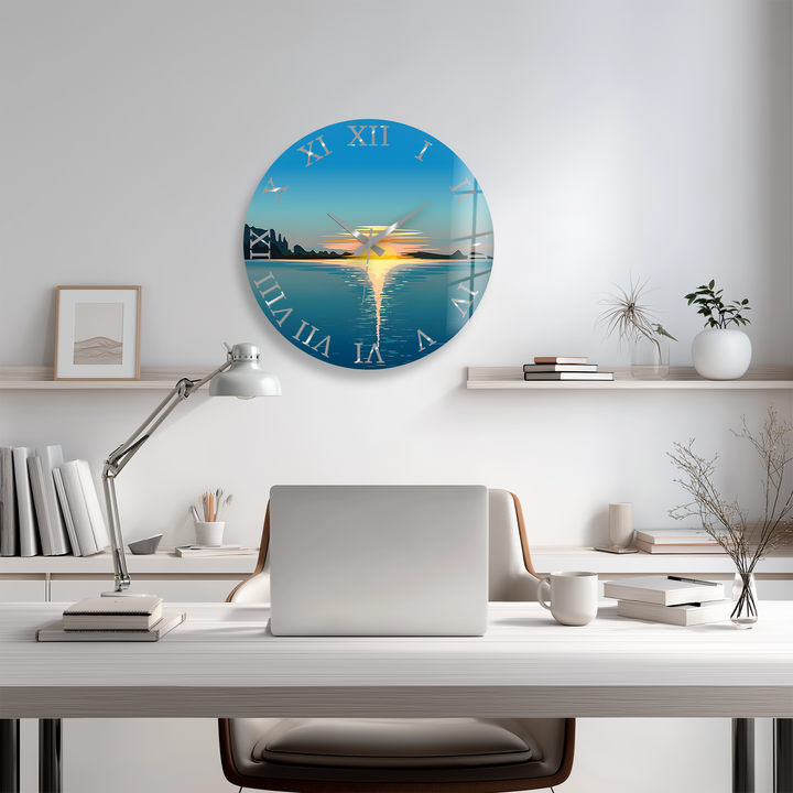 Minimalist Ocean Sunset Glass Wall Clock – Coastal Decor