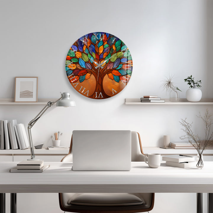 Bunte Glas-Wanduhr „Baum des Lebens“ – Buntglas-Stil