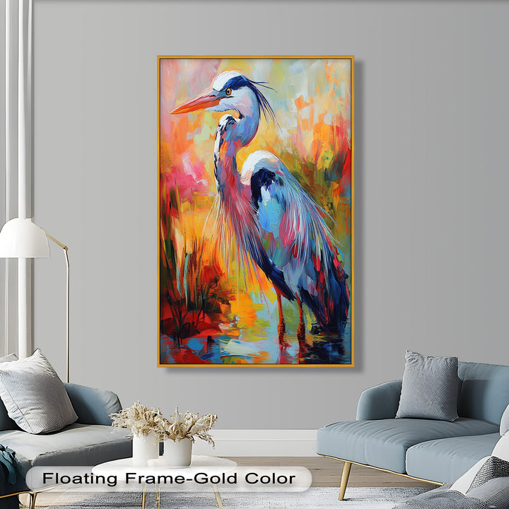 Colored Heron in Abstract Color Splash – Animal Oil Painting