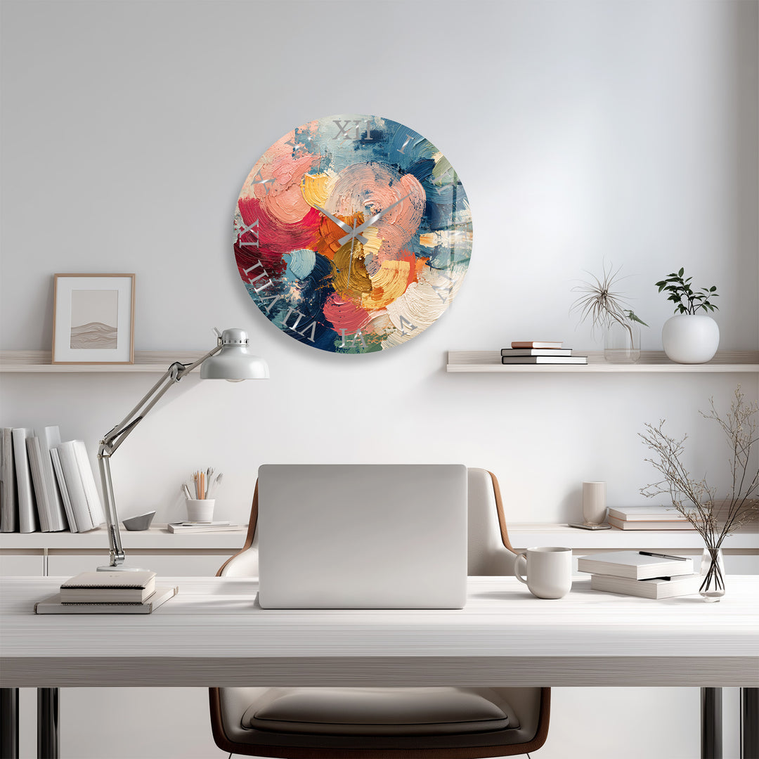 Colorful Abstract Glass Wall Clock – Textured Brushstroke Art