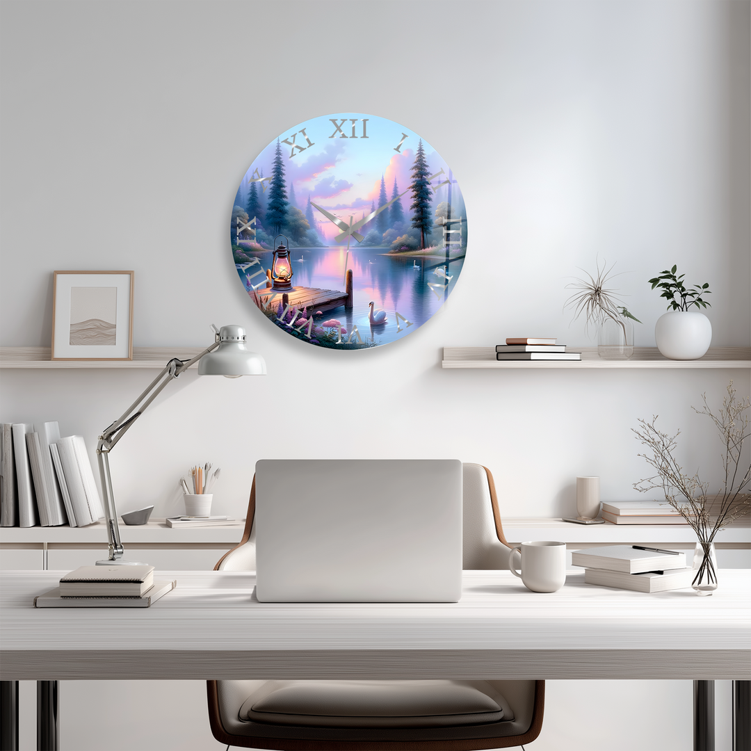 Swan Lake Glass Wall Clock – Pastel Forest Landscape