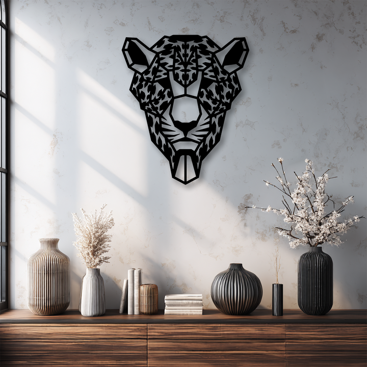 A bold geometric tiger head metal artwork, a modern wild strength decor piece, is prominently displayed on a textured wall.