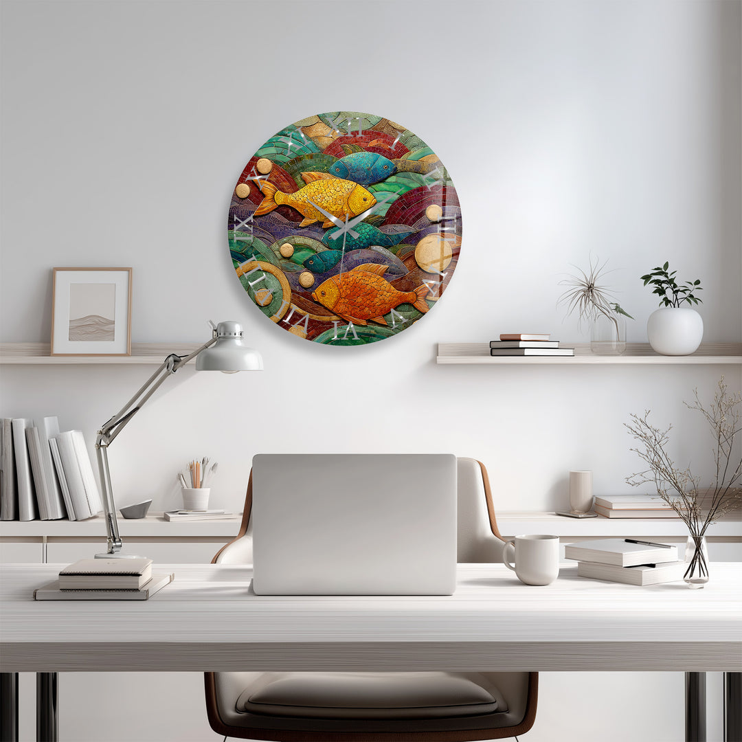 Colorful Fish Glass Wall Clock – Coastal Mosaic Art Decor