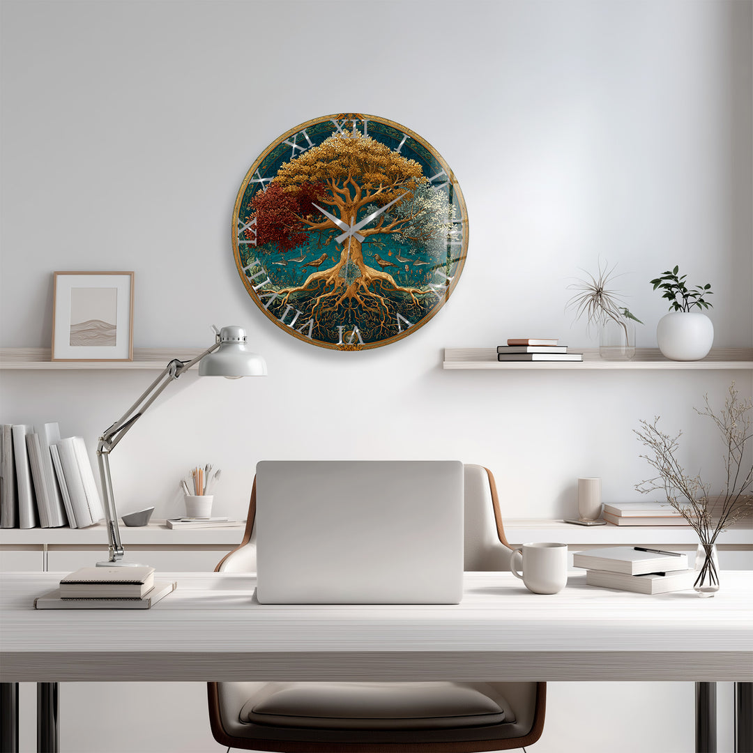 Four Seasons Tree of Life Glass Wall Clock – Botanical Decor