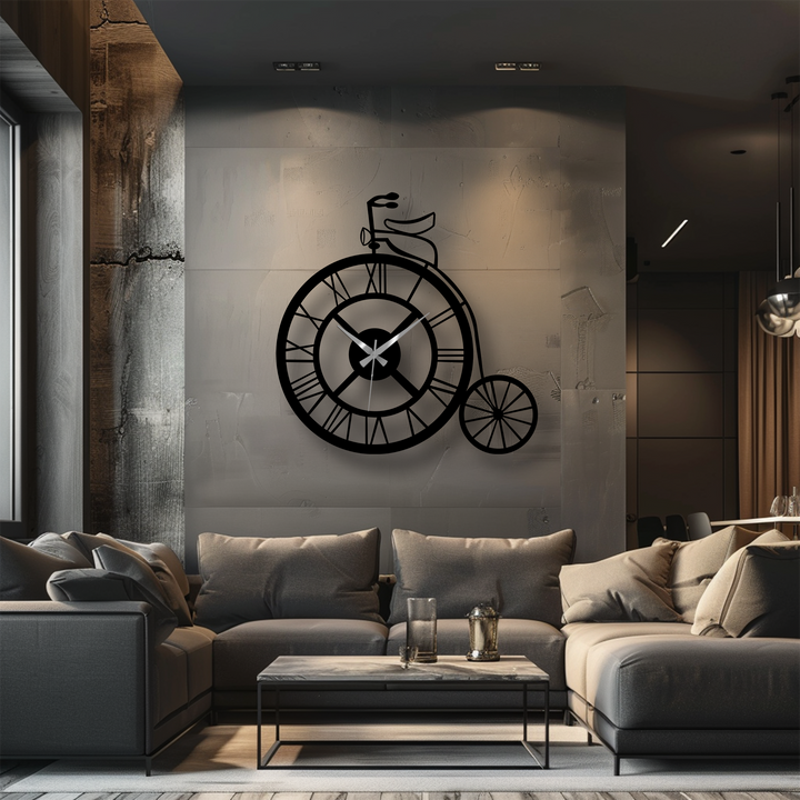 Muted color saturation enhances the focus on the vintage bicycle metal artwork wall clock, a decorative accent with Roman numerals in a modern living space.