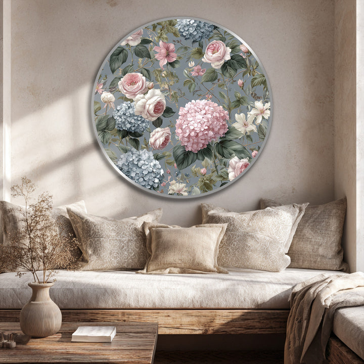 Soft pastel tones define the romantic floral round oil painting, a vintage garden scene that blends roses and hydrangeas in delicate detail for oil painting art prints.