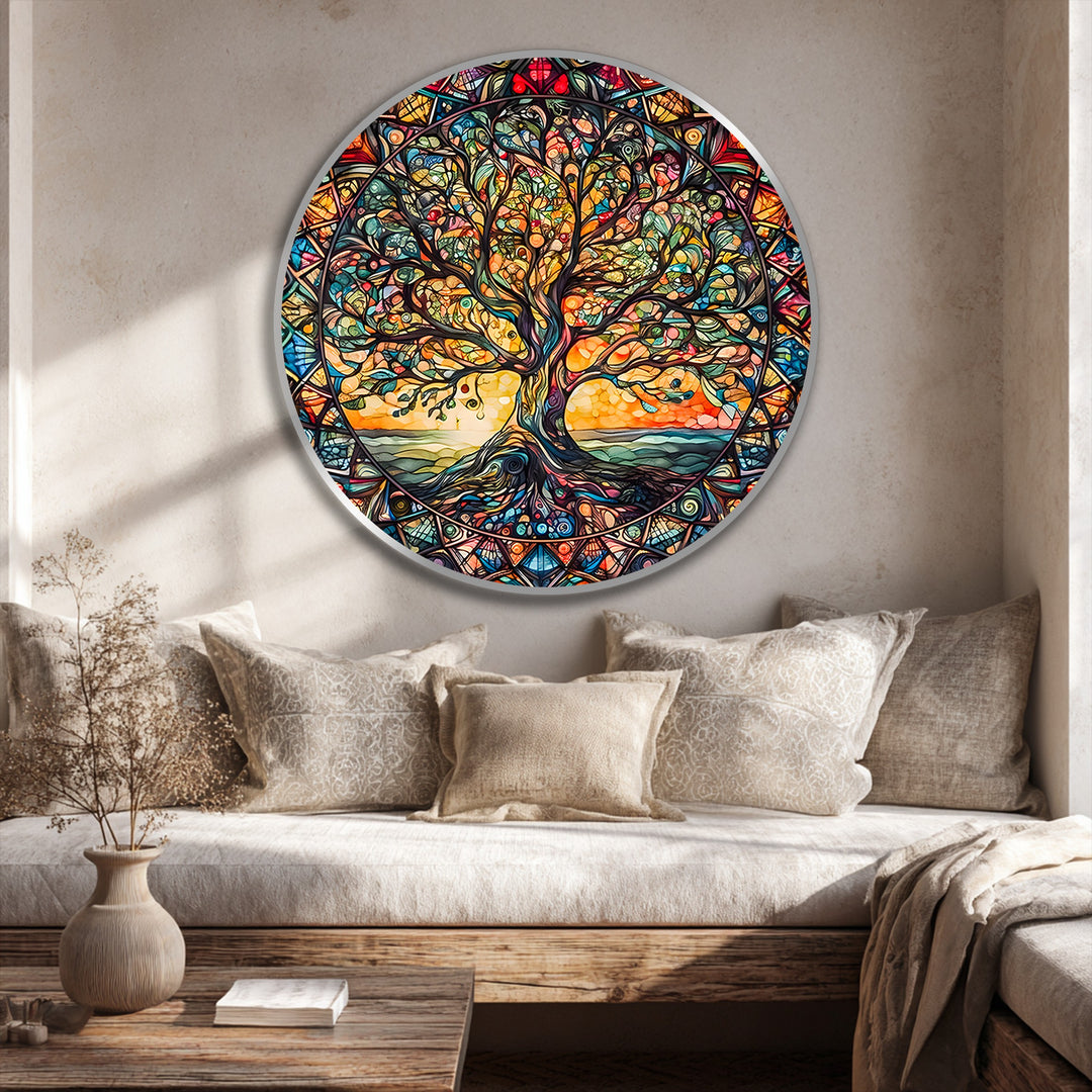 Armonía Radiante – Vitral Árbol de la Vida Redondo Cuadro al óleo