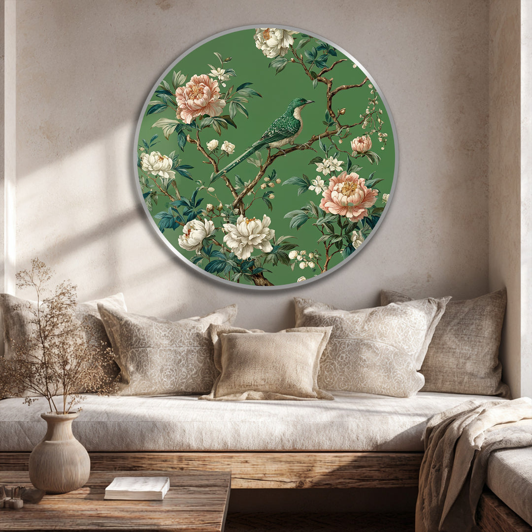 Emerald Songbird Among Blossoms Round Oil Painting