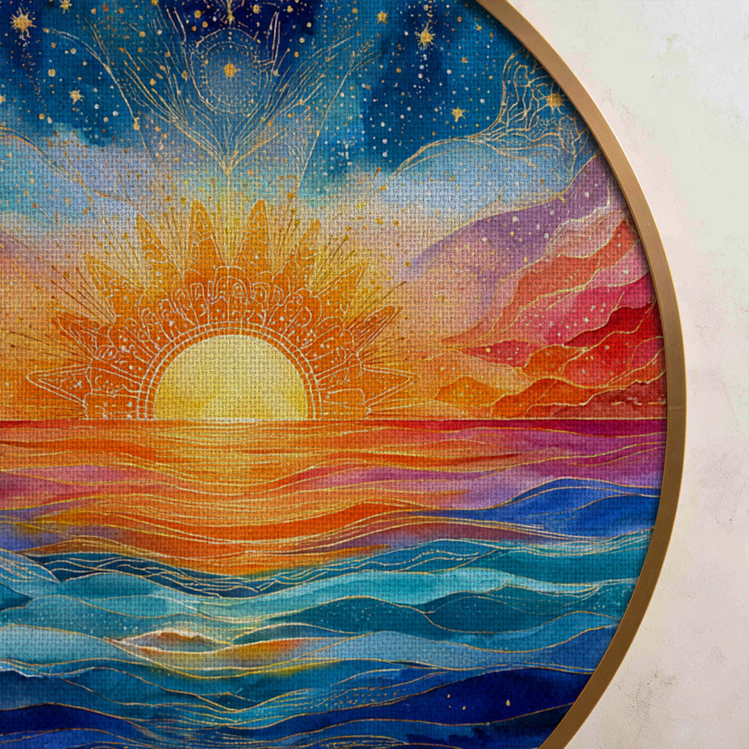 Sunrise Over Ocean Round Canvas Print – Vibrant Spiritual Seascape Wall Art