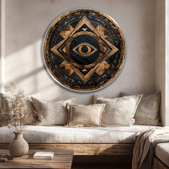 Featuring strong color contrast, the tribal guardian eye rustic geometric round oil painting showcases rich, dark browns against lighter wood tones in this striking oil painting art prints.