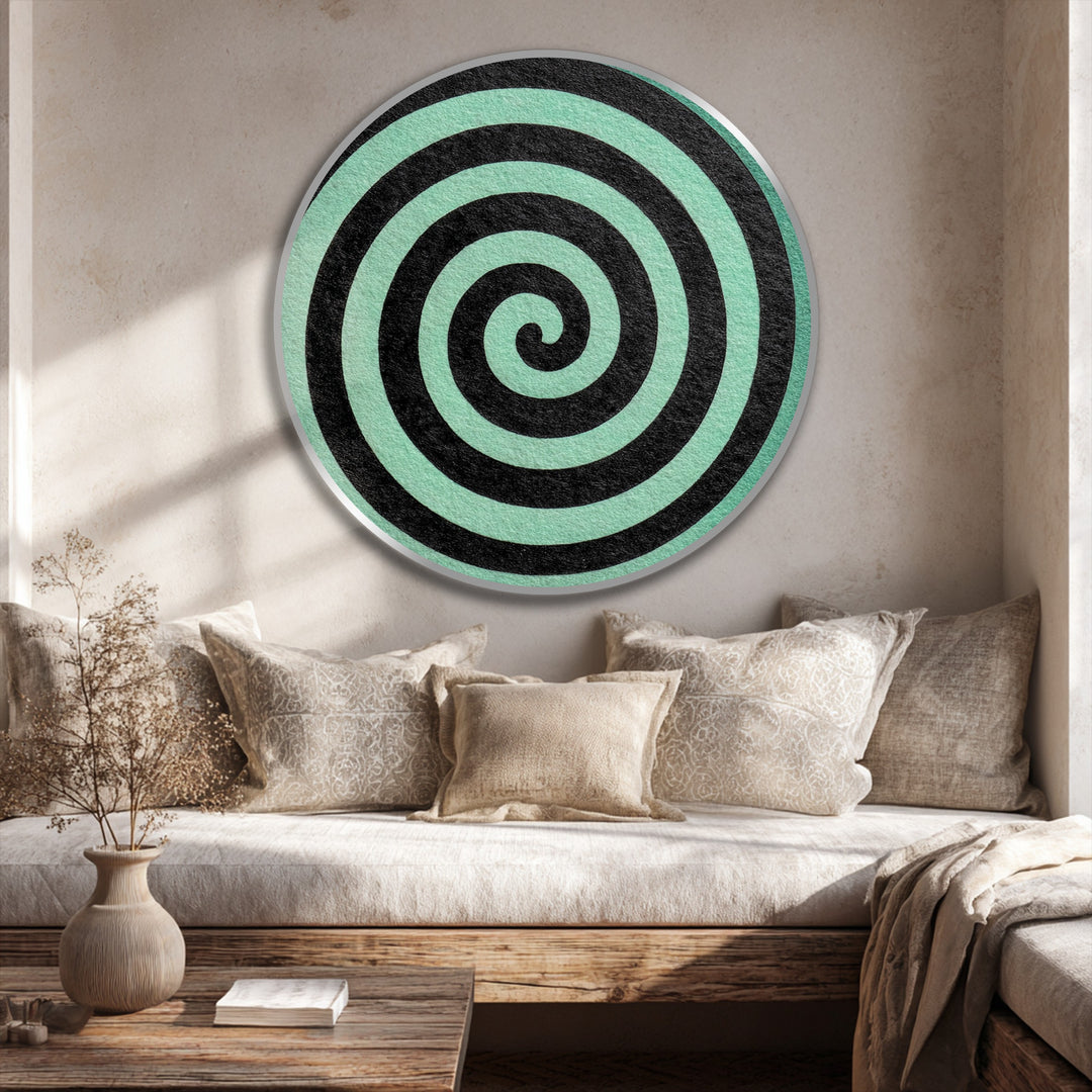 Espiral negra minimalista sobre fondo menta: círculo abstracto moderno Cuadro al óleo