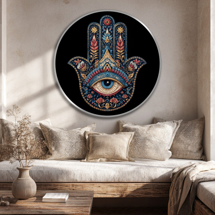 Whirling floral details animate this ornate Hamsa Hand with Protective Eye round oil painting, bringing vibrant movement to this unique oil painting wall art.