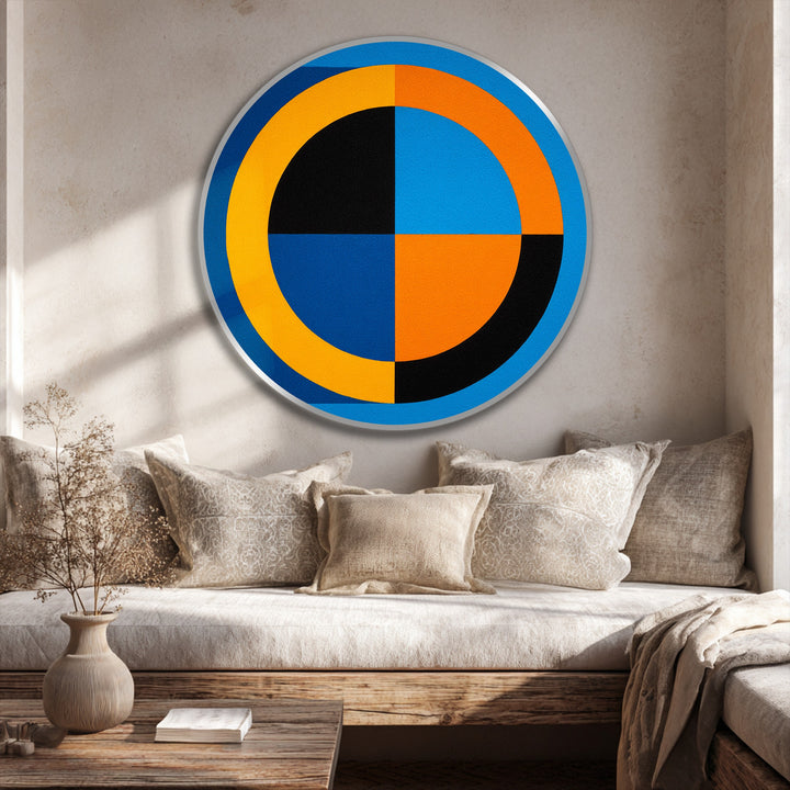 Striking color contrast defines this modern abstract round oil painting wall art with geometric boldness in contrasting blues, oranges, and blacks.
