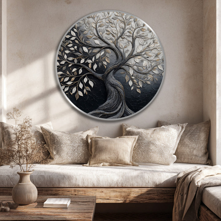 Showcasing the textured finish of this Eternal Contrast – Dual Tone Tree of Life round oil painting art prints, with a contemporary silver and charcoal color palette.