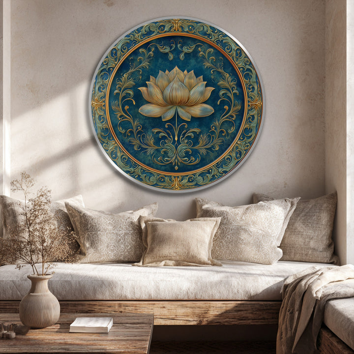 Negative space accentuates the golden lotus in this ornate floral round oil painting art piece, creating a luxurious and elegant wall decor statement.