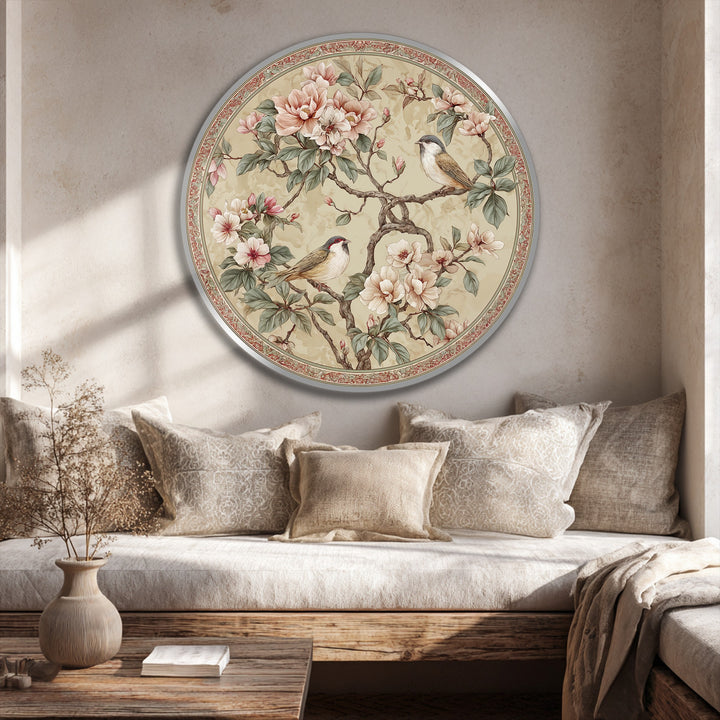 Light and shadow play across a round floral oil painting reproduction print featuring songbirds perched on a blossoming branch, creating a serene and elegant scene.