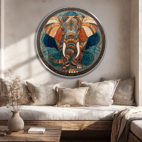 Featuring strong color contrast, this round oil painting home decor showcases a geometric elephant surrounded by an ornate mosaic pattern in hues of teal, rust, and gold.