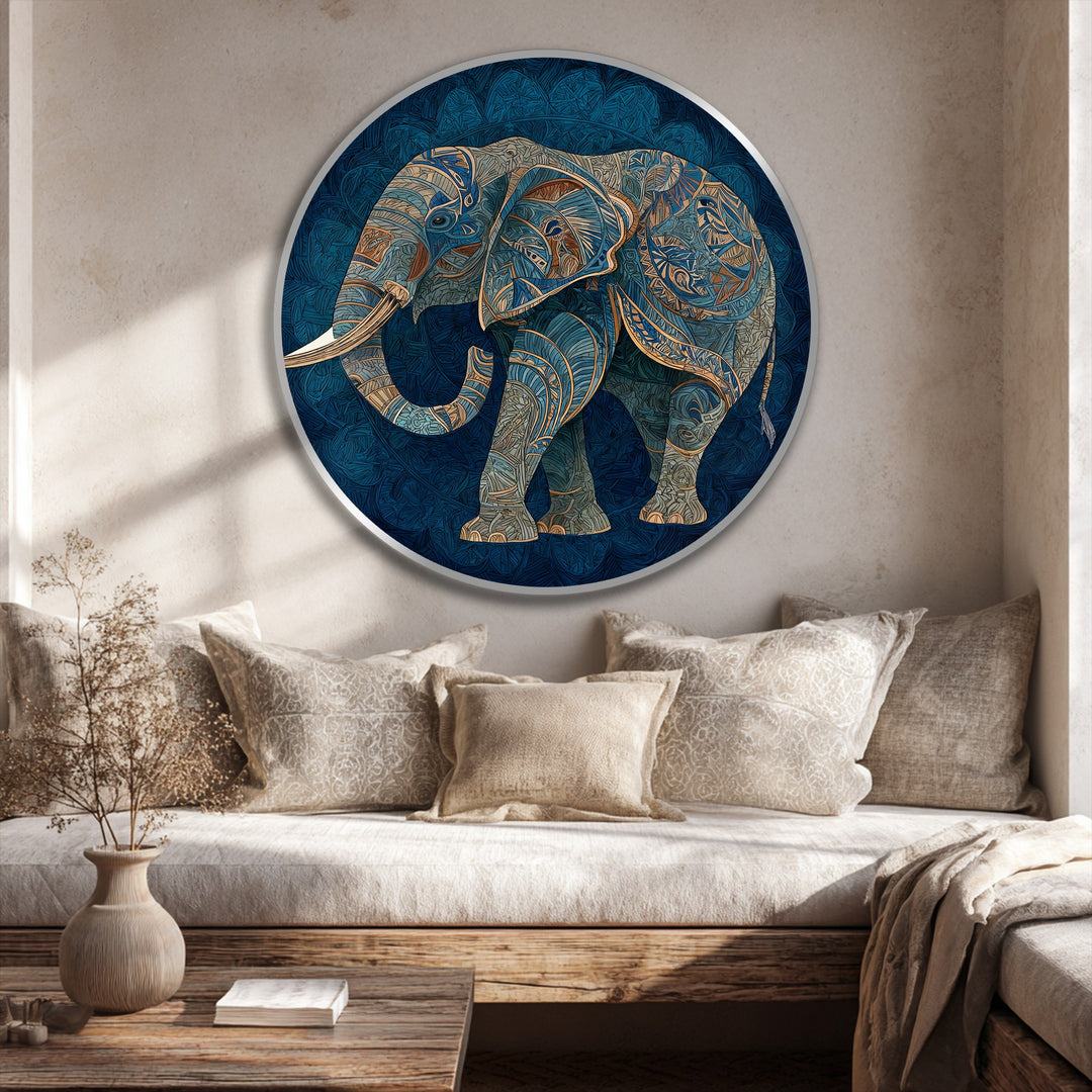 Intricate azure spirit oil painting art prints present a decorative elephant silhouette with gold accents, the loudest element in this captivating round composition.