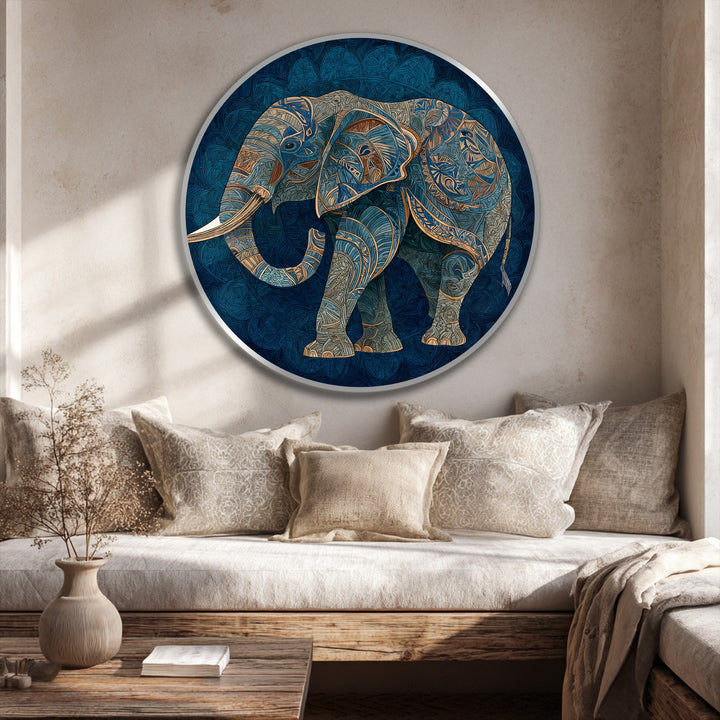 Intricate azure spirit oil painting art prints present a decorative elephant silhouette with gold accents, the loudest element in this captivating round composition.