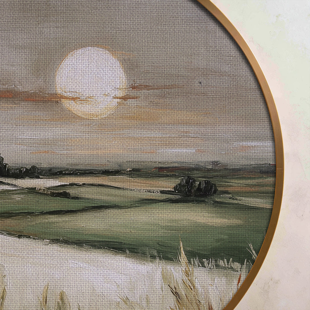 Golden Horizon Countryside Landscape Round Canvas Print – Serene Field Wall Art