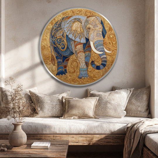 With rich color saturation, this oil painting reproduction print captures a golden ornate elephant medallion round oil painting with blue mosaic accents.