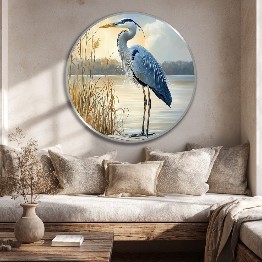 Sunlight and shadow accentuate the depth and texture of this oil painting art prints, capturing the serene image of the majestic heron amidst still waters at sunrise.