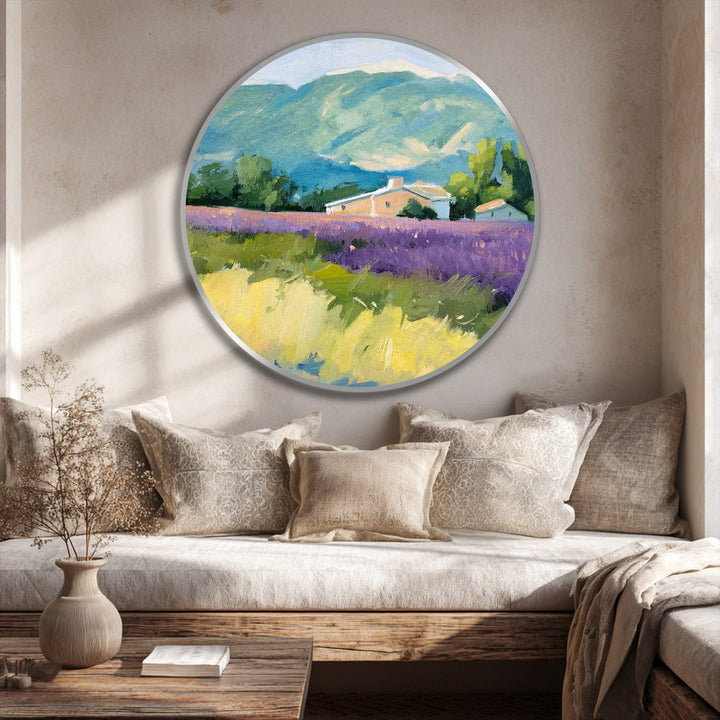 Warm color temperatures dominate this oil painting artwork depicting a Provence landscape, where a lavender field meets a sun-drenched horizon.