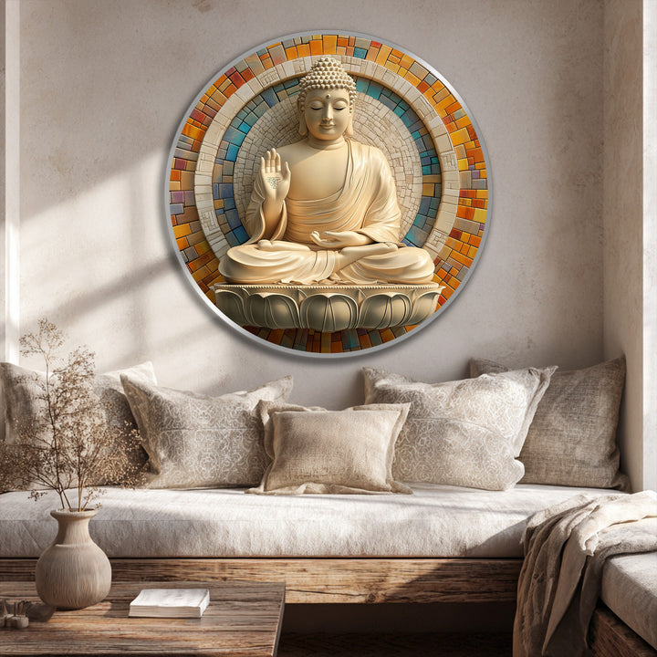 Subtle curves and textures define the organic lotus supporting the Buddha in this radiant blessing oil painting decoration, framed by a mosaic halo.