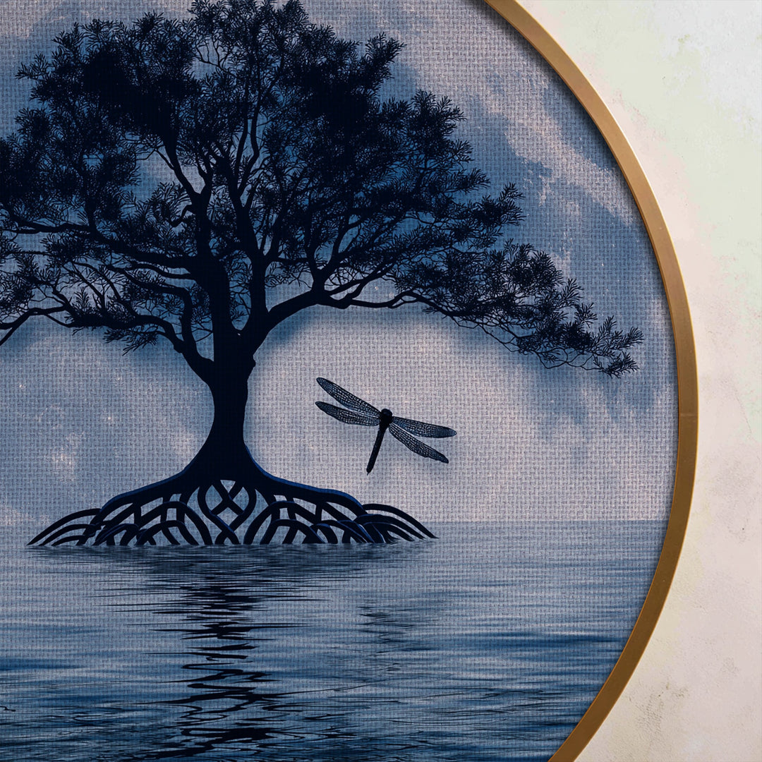 Moonlit Tree Reflection Round Canvas Print – Serene Night Landscape Wall Art