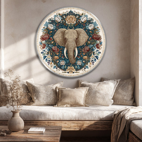 Brightest area of the round floral majesty elephant oil painting highlights the ivory frame in a serene home decor setting.