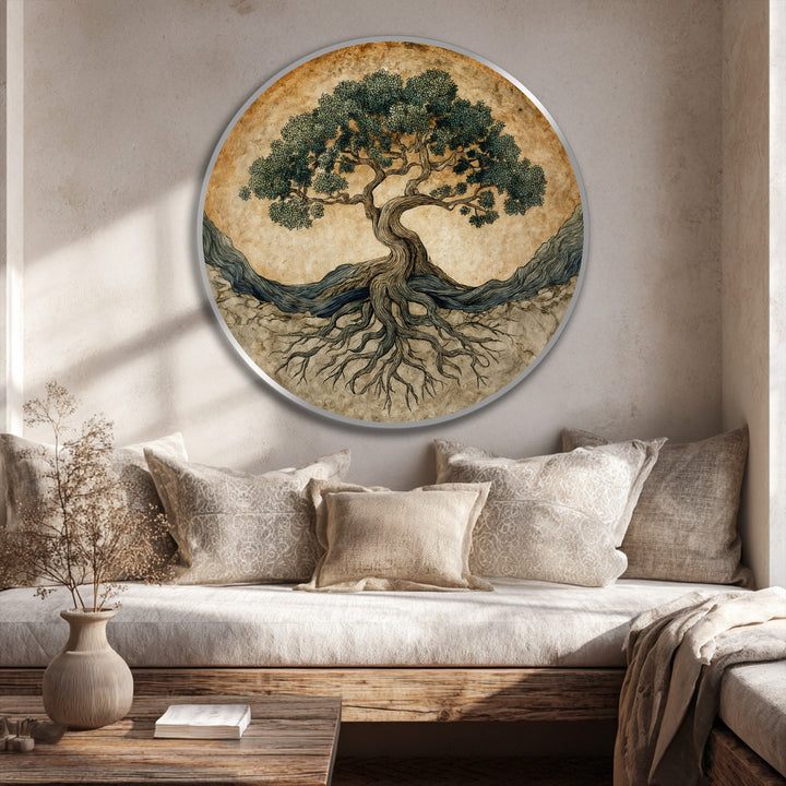 Showcasing the layering effect of an oil painting artwork, the round 'Ancient Roots of Life' presents a symbolic tree with roots, offering depth and visual texture.