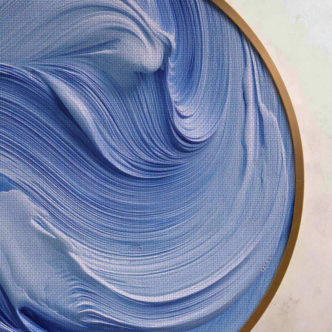 Ocean Flow Blue Abstract Round Canvas Print – Modern Wave Wall Art