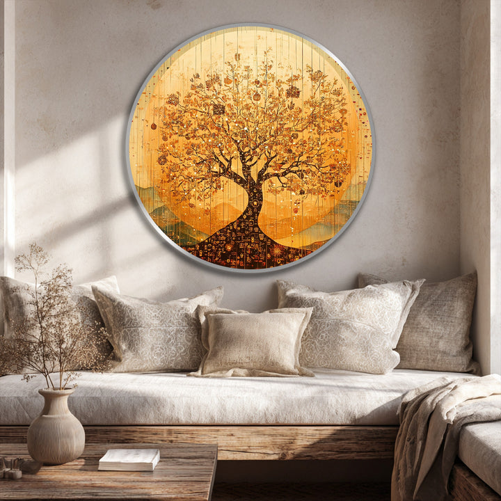 Highlighting the layering effect, the eternal radiance of the golden tree of life is captured in this beautiful oil painting art piece, creating depth and texture.