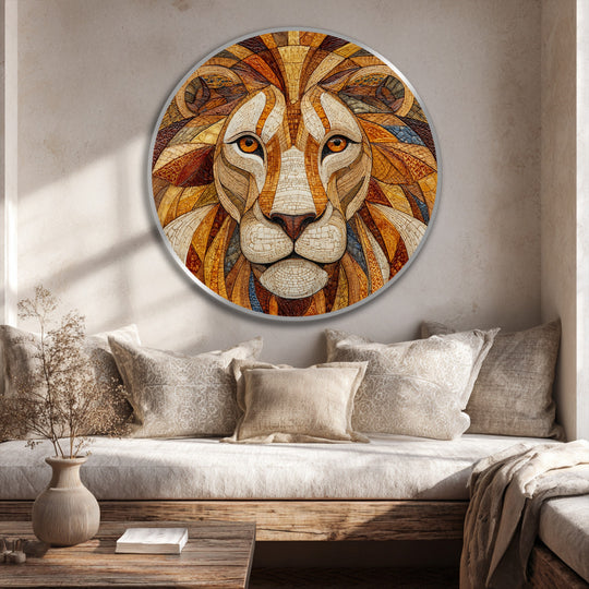 Showcasing geometric elements, this round oil painting wall art of a mosaic lion portrait features an array of carefully arranged shapes, crafting a striking textural composition.