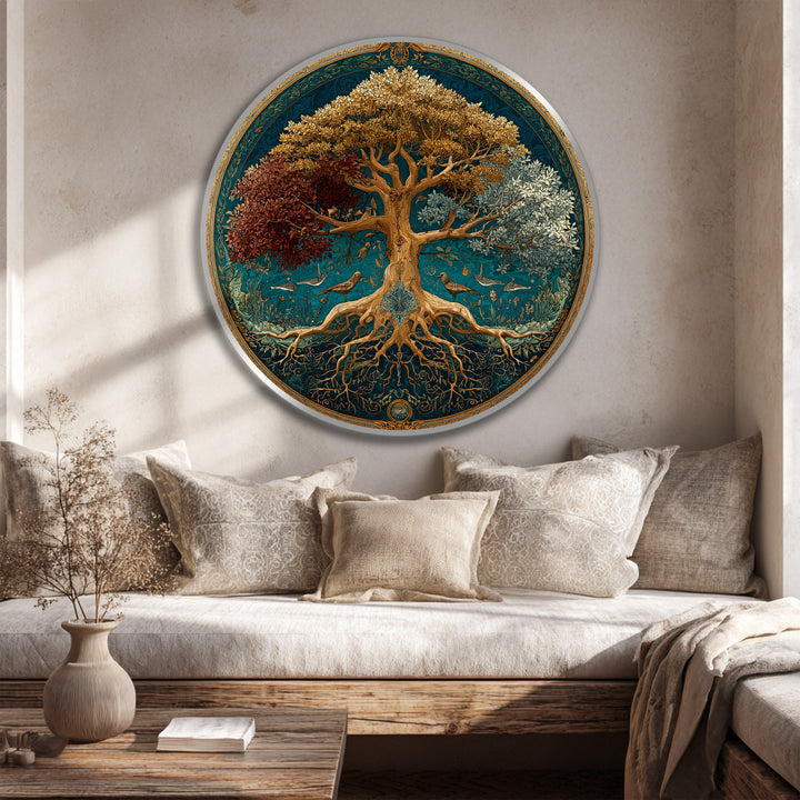 Symbolic tree of seasons is the central subject of this round oil painting wall art, showcasing the beauty of nature's cycle as a beautiful home decoration.