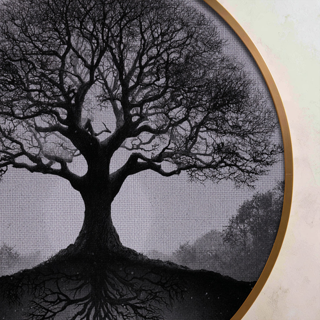 Monochrome Tree Reflection Round Canvas Print – Black & White Nature Wall Art