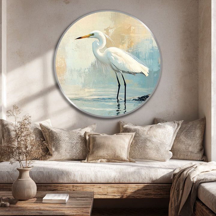 The focal point of this round coastal oil painting depicts a graceful white egret, providing an elegant oil painting decoration to enhance any serene space.