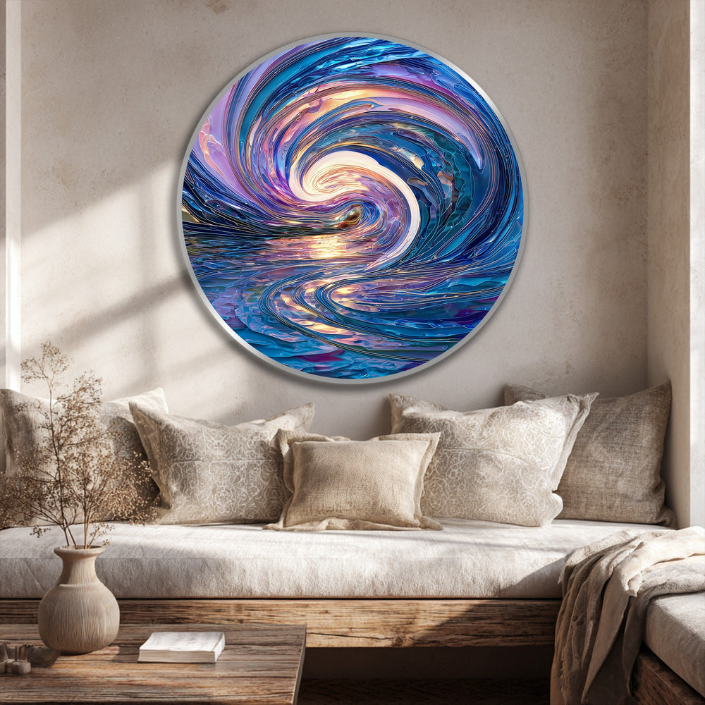 The celestial tide oil painting artwork showcases a mesmerizing transition of iridescent blues, violets, and golds in a swirling, wave-like composition.