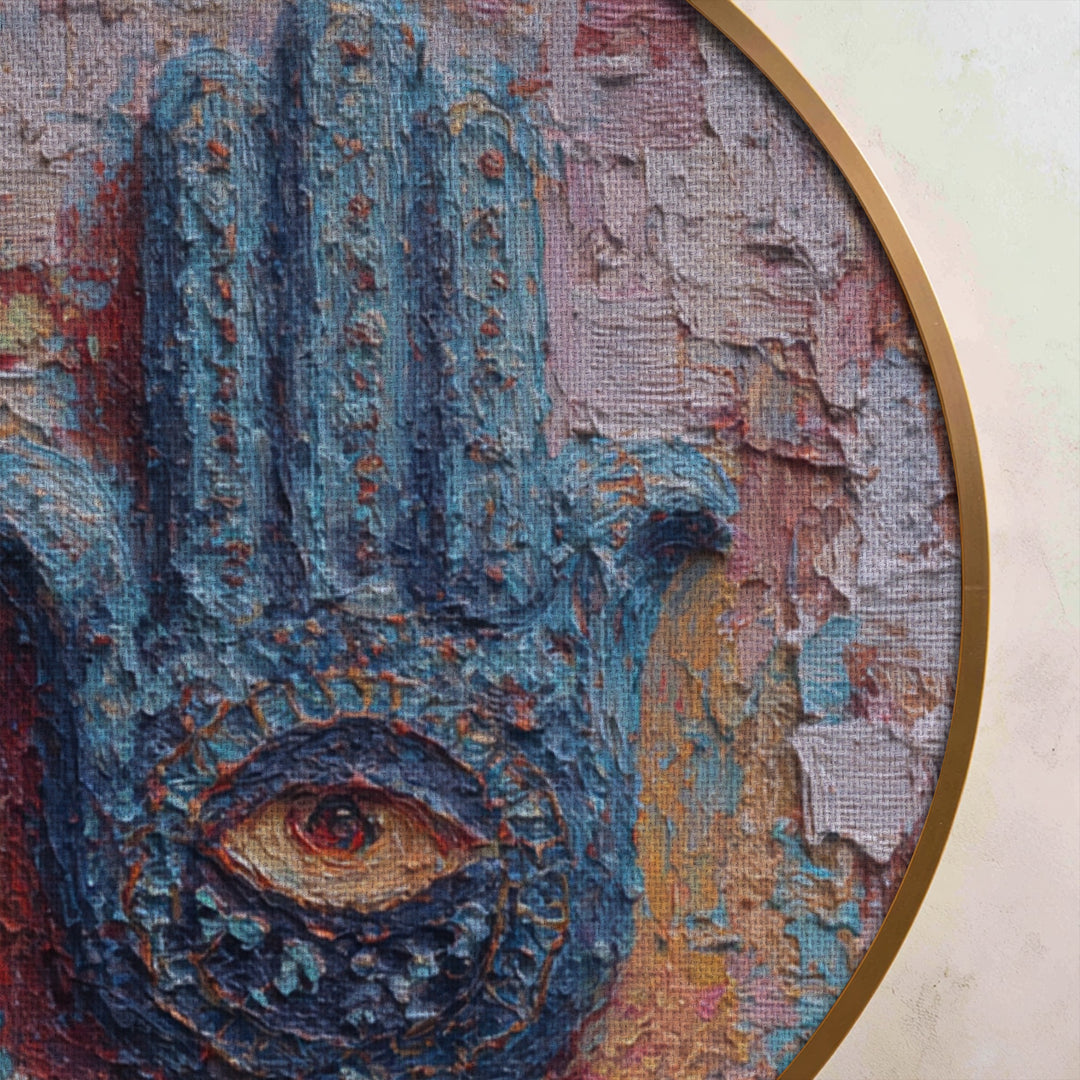 Mystic Hand of Protection Round Canvas Print – Colorful Spiritual Eye Wall Art