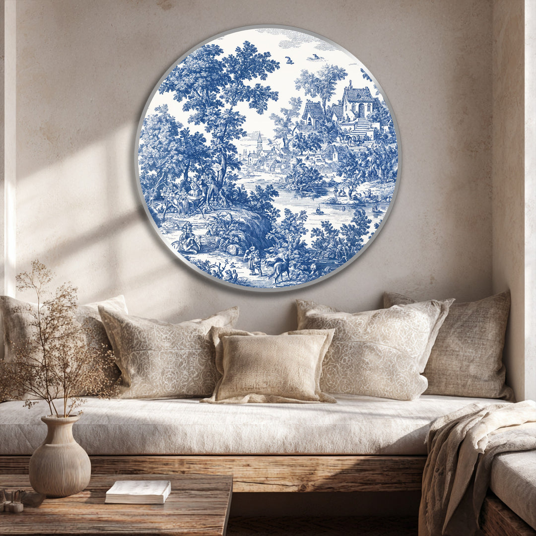 Contrasting tones define this round oil painting artwork, where intricate navy toile patterns depicting a classic countryside scene create striking depth.