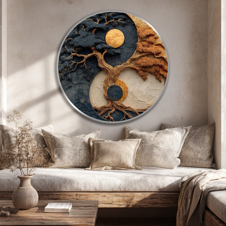 Textured round abstract oil painting with the celestial balance tree embodies the loudest element within the vibrant and earthy tones, providing a unique oil painting decoration.