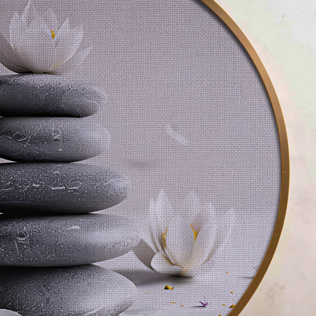 Zen Balance Stones with Lotus Round Canvas Print – Minimalist Spa Wall Art