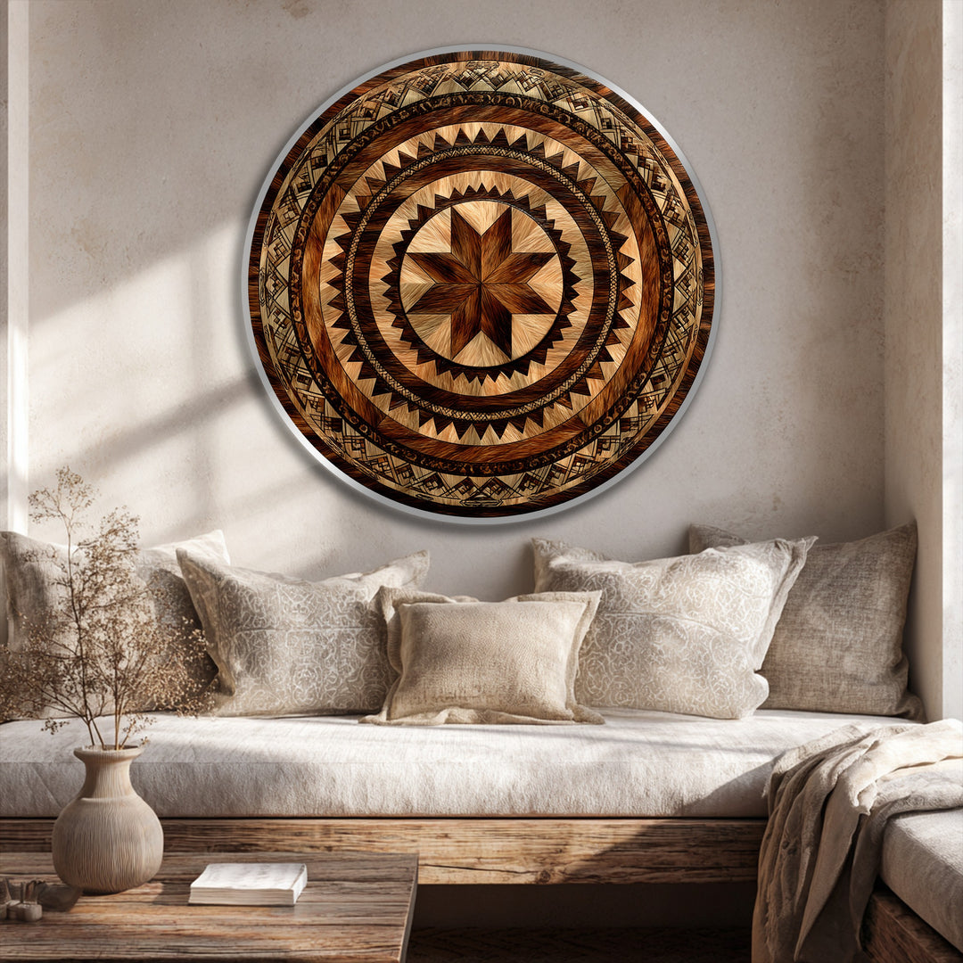 Mandala tribal Sunburst – Rústico geométrico redondo Cuadro al óleo
