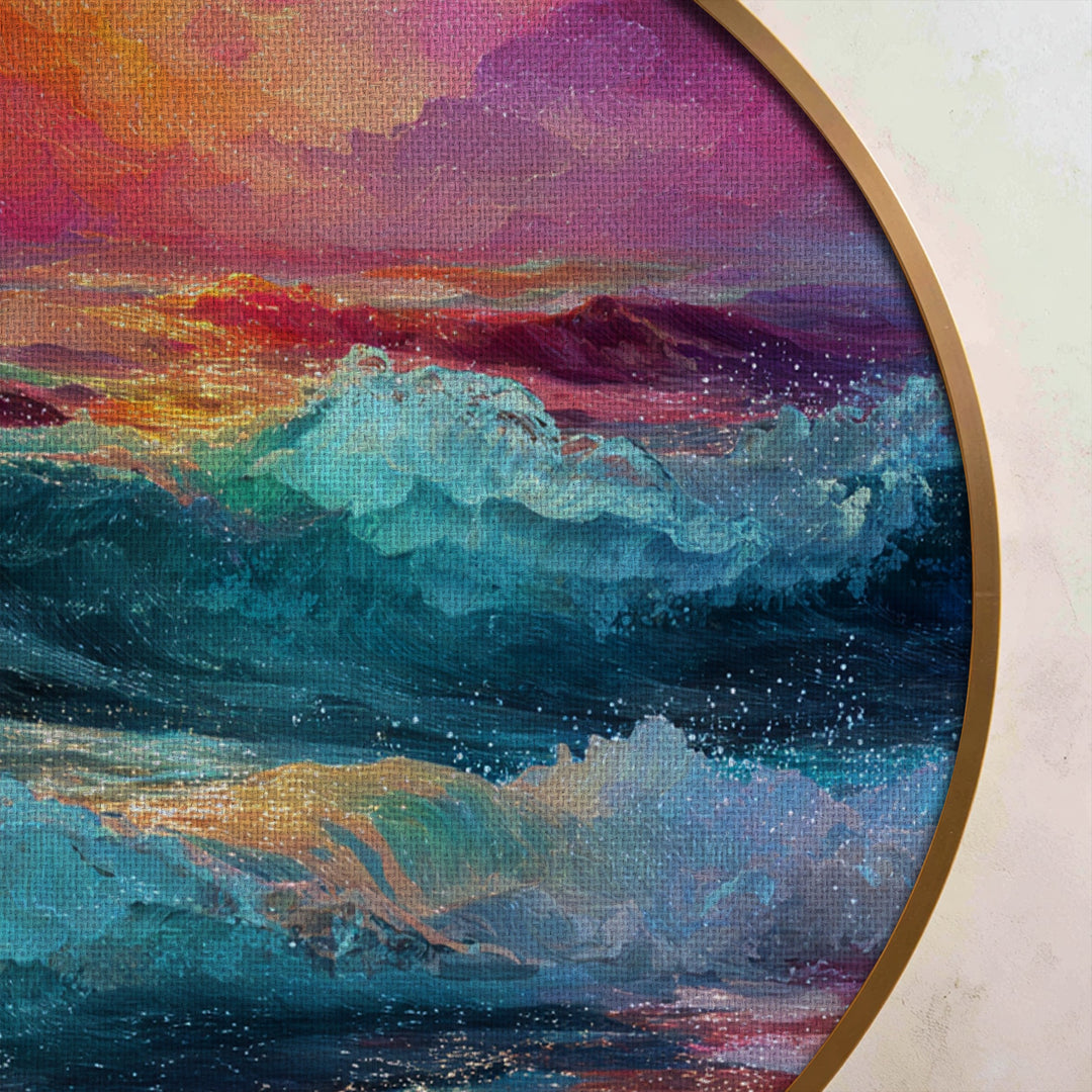 Impression sur toile ronde « Vagues au coucher du soleil éclatantes » –Décoration murale Océan coloré