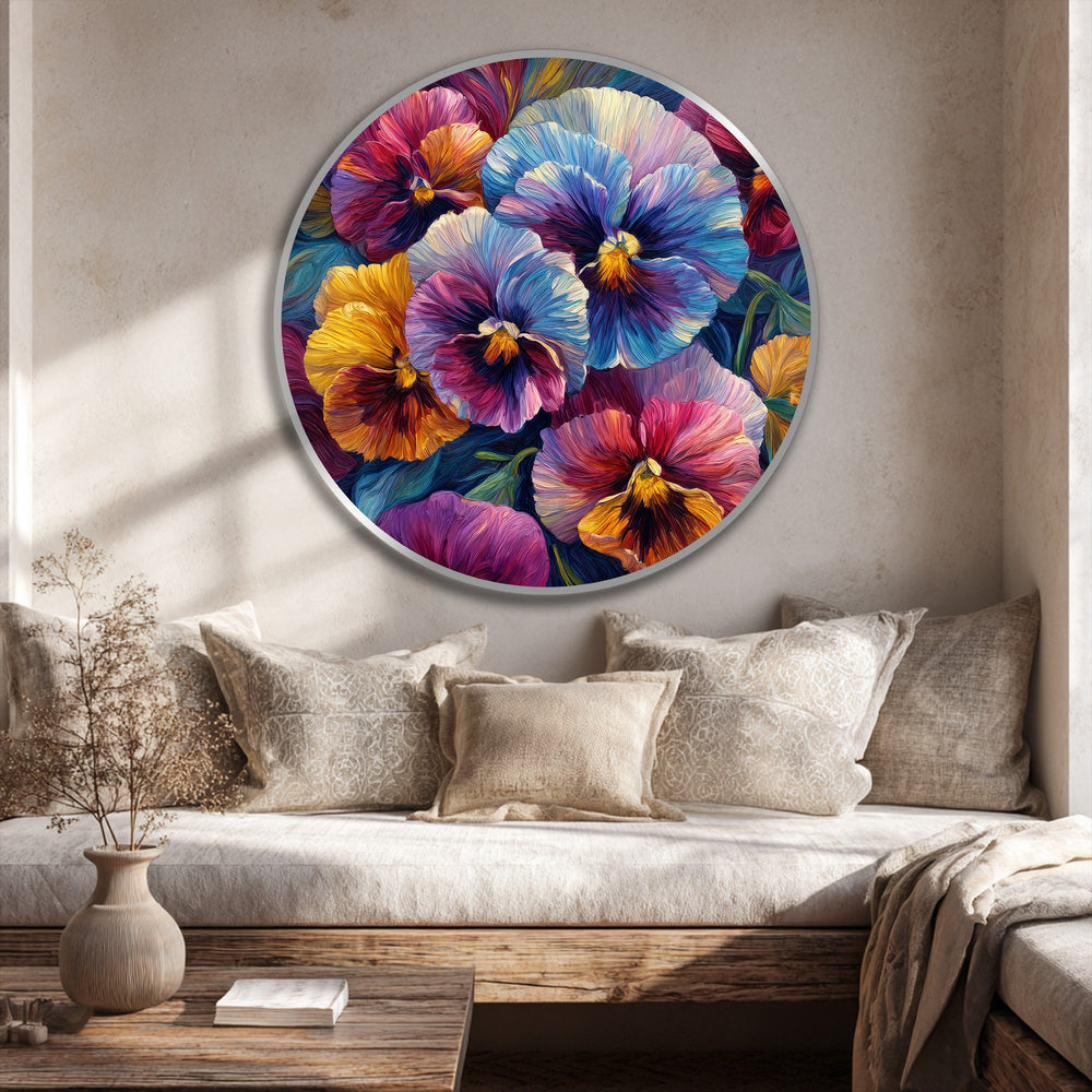 Visual rhythm flows across this round, floral oil painting wall art, where vibrant pansy blooms cascade in an engaging pattern of color and form.