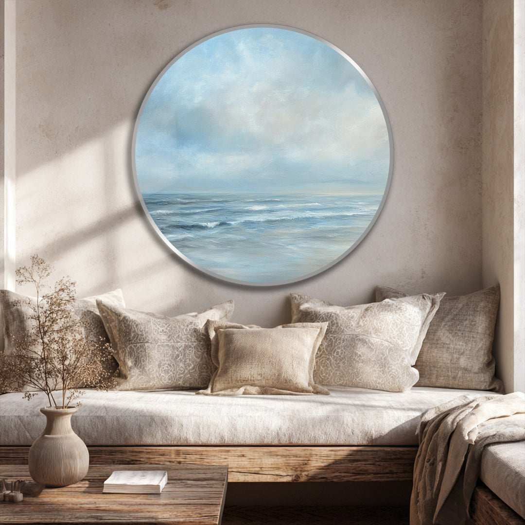 Softly painted clouds dominate the sky in this serene seascape round oil painting, an elegant addition to oil painting art prints collections.