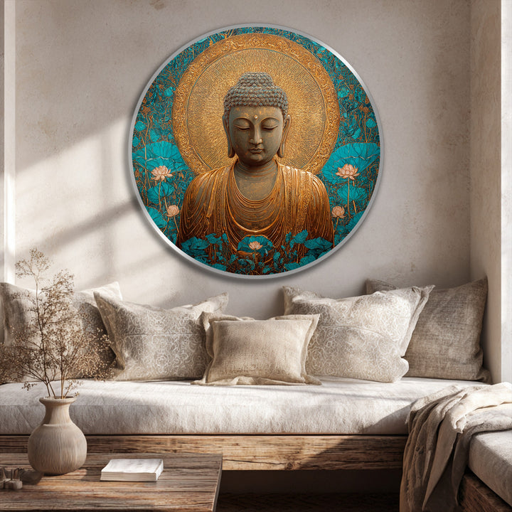 The stillness of the golden Buddha in this round oil painting art piece emanates peace amidst the teal lotus blossoms.