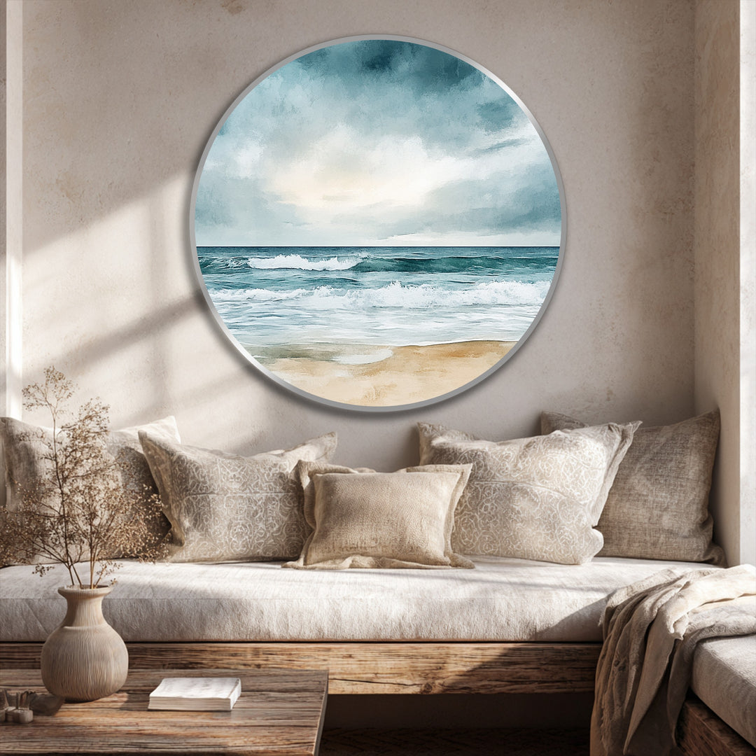 Visual rhythm is captured in this coastal serenity oil painting reproduction print, with repeating patterns of ocean waves and sandy beach offering a tranquil horizon scene.