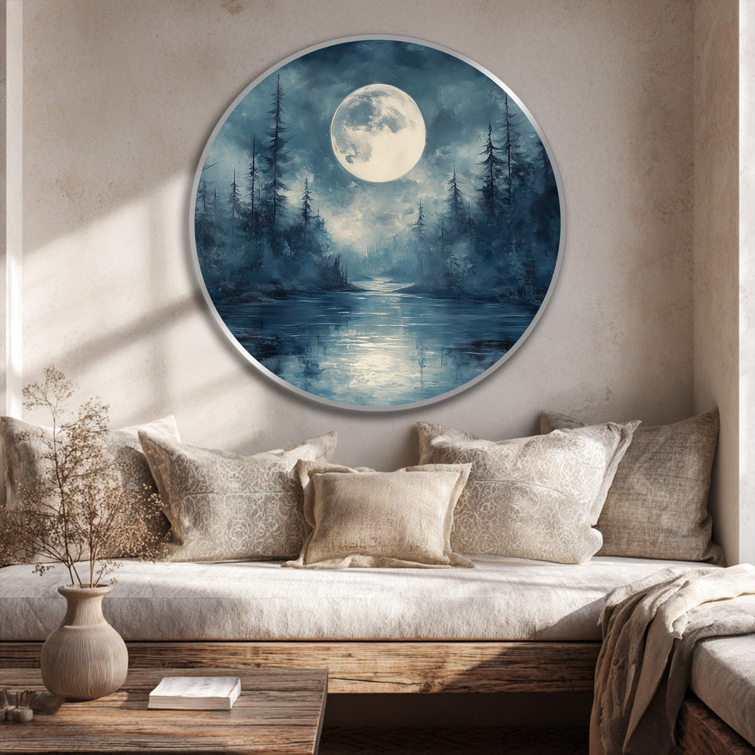 Ripples animate the 'Moonlit Silence' round oil painting, giving a mystical forest scene an ethereal sense of motion perfect for sophisticated oil painting home decor.